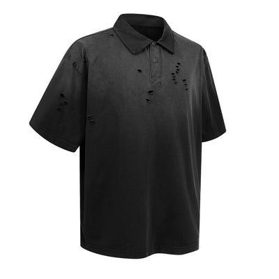 Retro Distressed Cotton Vintage Wash Polo T-Shirt