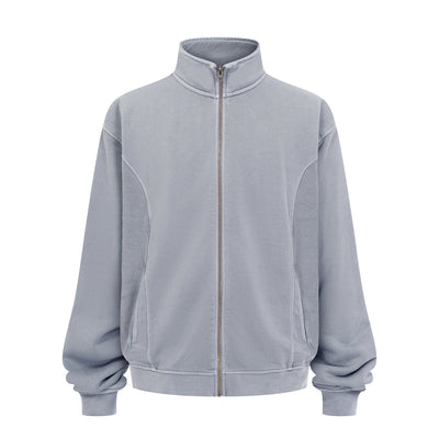 Stand Collar Panel Detail Washed Zip Up Sweatshirt