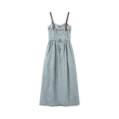 Sweetheart Collar Strappy Denim Midi Dress