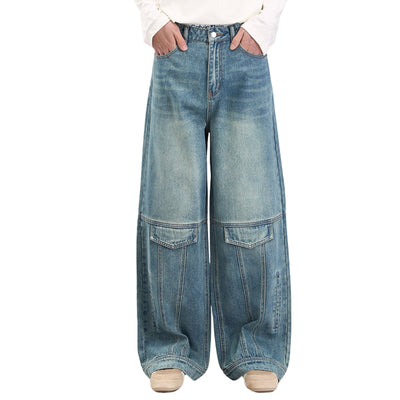 Washed Faux-Pocket Paneled Workwear Baggy Jeans