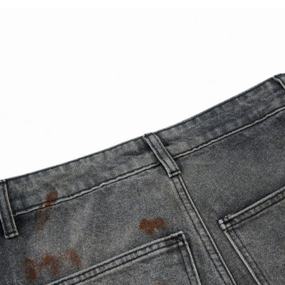 Men's Distressed Washed Denim Cargo Pants Wide Leg Paint Tie-Dye Unique