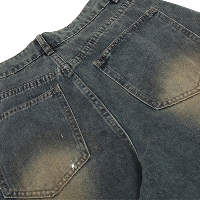Men's Curved Denim Pants Wide Leg Distressed Paint Splatter Holes