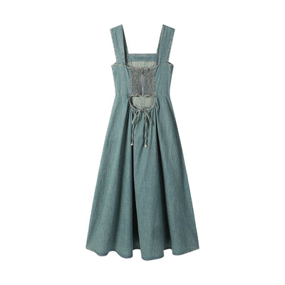 Smocked Back A-Line Denim Strappy Mididress