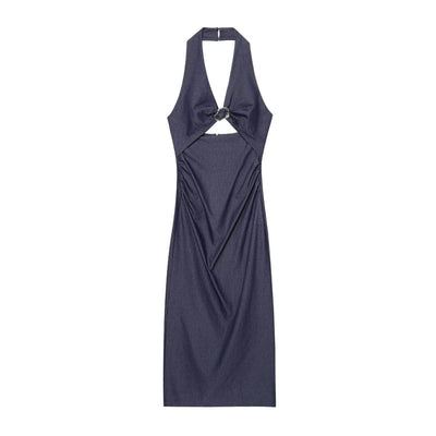 Halter Neck Cut-Out Denim Maxi Dress