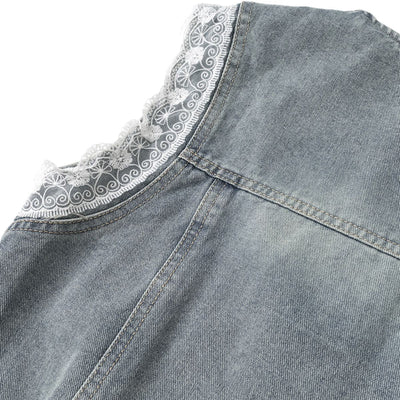 Vintage Wash Lace Trim Denim Vest