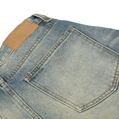 Men's Washed Distressed Denim Pants Loose Wide Leg Pleated Fade