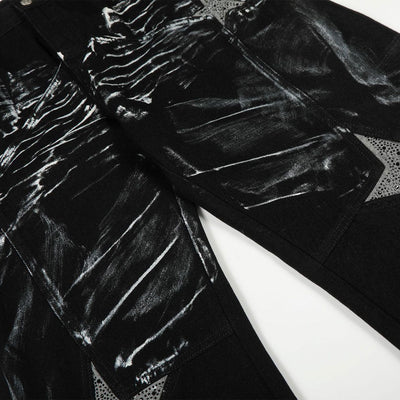 Painted Distress Black Wide Leg Star Patch Jeans