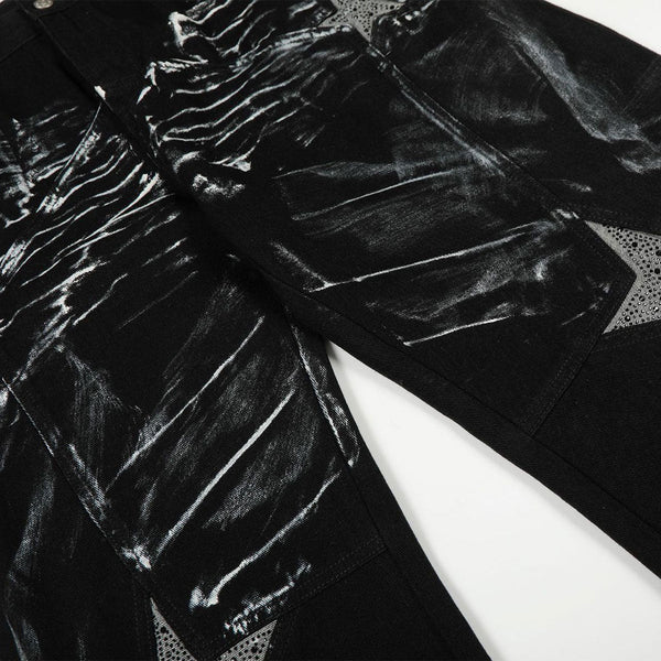 Painted Distress Black Wide Leg Star Patch Jeans