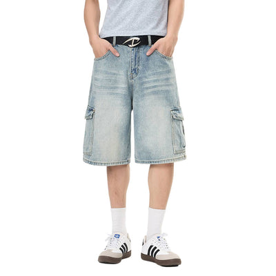 Vintage Washed Multi Pocket Denim Cargo Bermuda Shorts