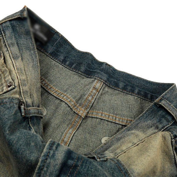 Men's Washed Distressed Denim Loose Vintage Street Pants Mud Dye Holes