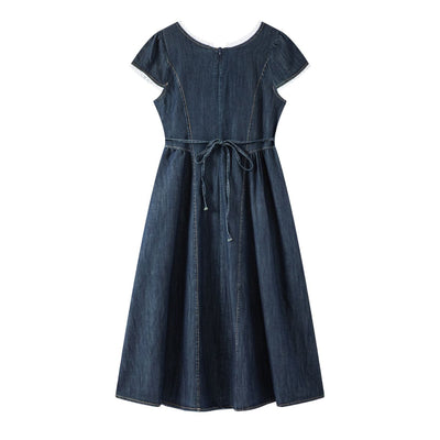 Lace Trim Puff Sleeve Denim Midi Dress
