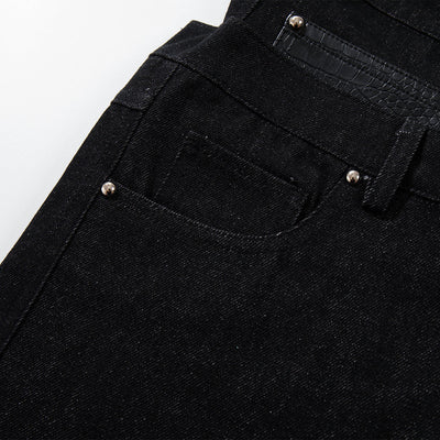 Faux Leather Accent High Waisted Wide Leg Denim Trousers