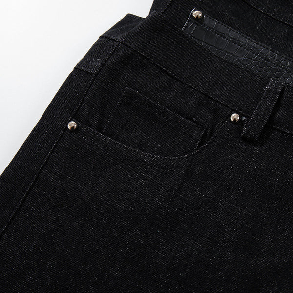 Faux Leather Accent High Waisted Wide Leg Denim Trousers