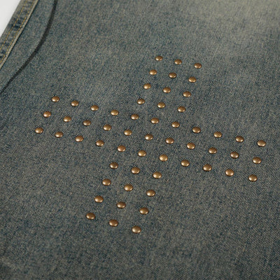 Studded Cross Detail Vintage Washed Wide Leg Denim