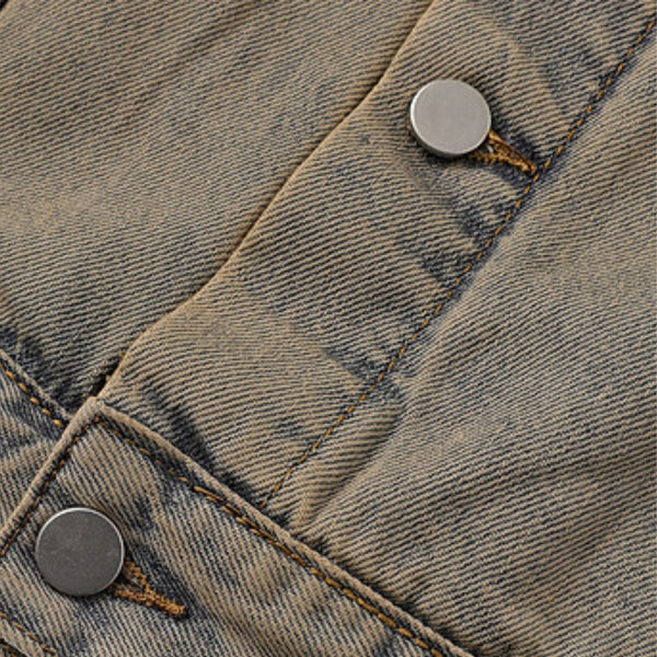 Unisex Retro Street style Distressed Washed Blue&yellow Mud-dyed Denim Jacket