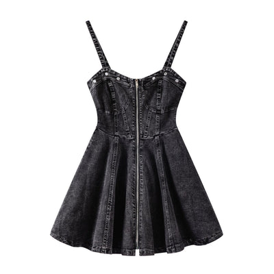 Front-Zip Smocked Denim Mini Dress