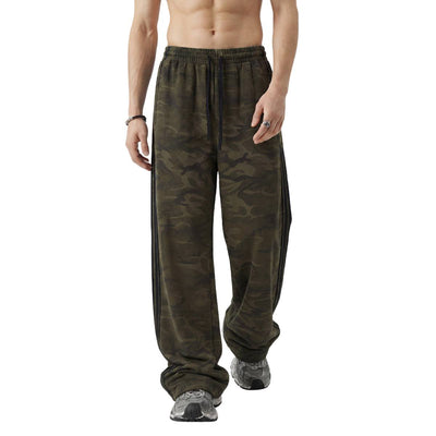 Heavyweight Camouflage Stripe Patchwork Drawstring Straight Leg Sweatpants