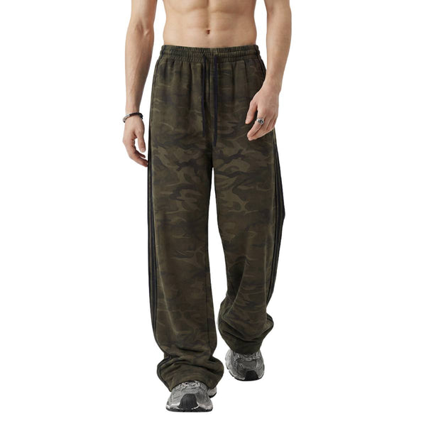 Heavyweight Camouflage Stripe Patchwork Drawstring Straight Leg Sweatpants