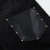 Faux Leather Accent High Waisted Wide Leg Denim Trousers