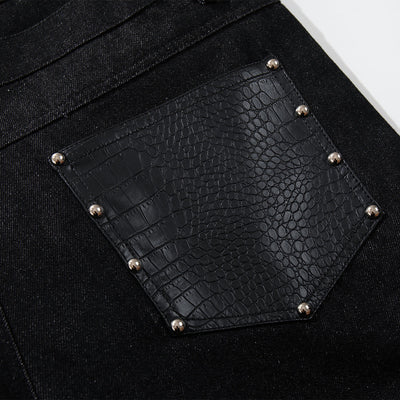Faux Leather Accent High Waisted Wide Leg Denim Trousers