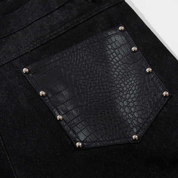 Faux Leather Accent High Waisted Wide Leg Denim Trousers