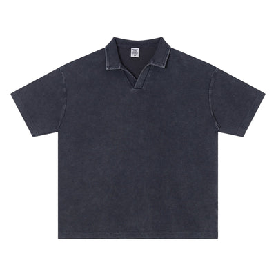 Retro Distressed Waffle Vintage Wash Polo T-Shirt