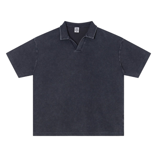 Retro Distressed Waffle Vintage Wash Polo T-Shirt