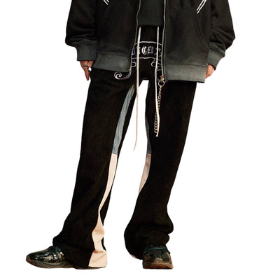 Vintage Inspired Denim Panel Straight Leg Drawstring Pants