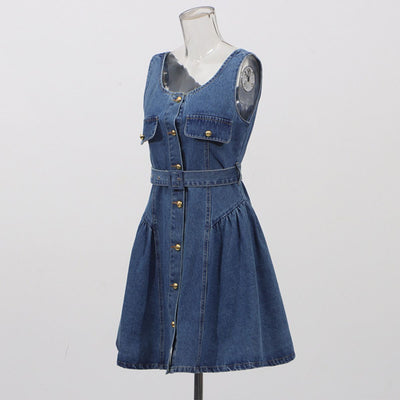 Belted Flared Denim Mini Dress