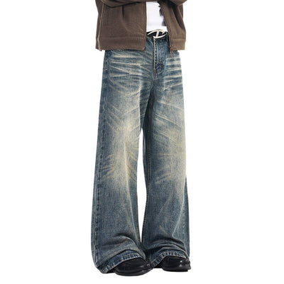 Wash Vintage Whiskered Fluid Flow Wide Leg Denim Jeans