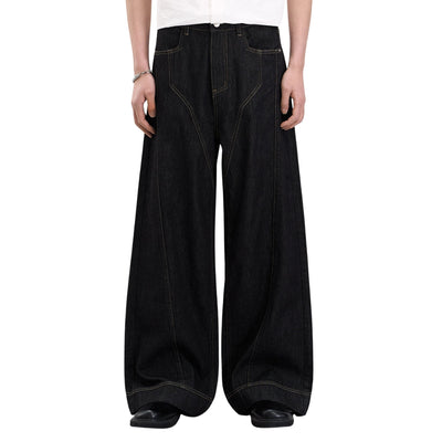 Raw Yellow-Stitch Wide-Leg Curved Baggy Denim Pants