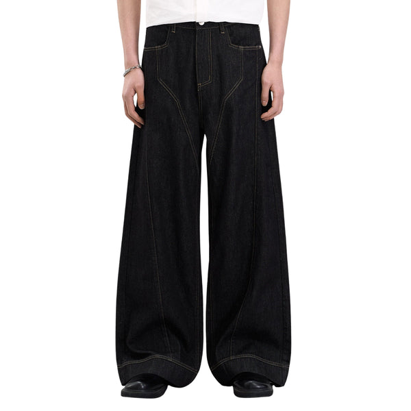 Raw Yellow-Stitch Wide-Leg Curved Baggy Denim Pants