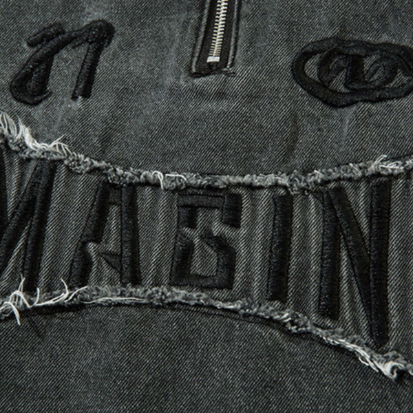 Oversized Stand-up Collar Washed Distressed Denim Jacket