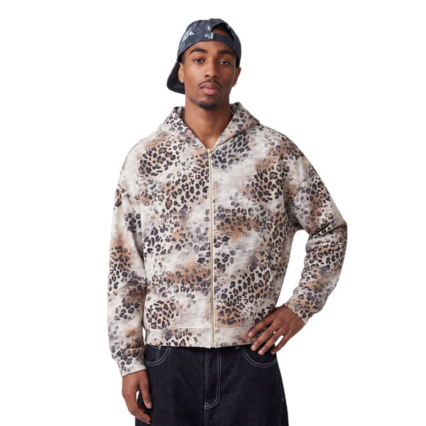 Vintage Streetwear Leopard Pattern Relaxed Fit Zip Hoodie