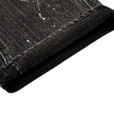 Men's Distressed Washed Denim Wide Leg Pants Punk Paint Splatter