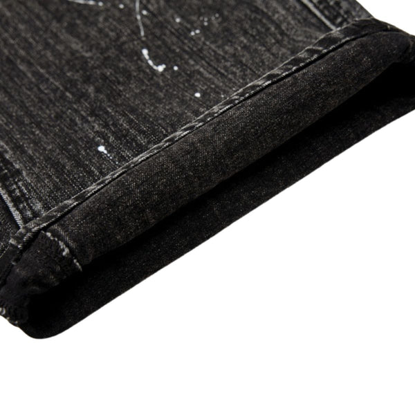 Men's Distressed Washed Denim Wide Leg Pants Punk Paint Splatter