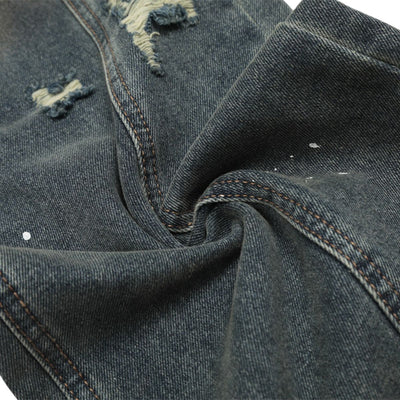 Men's Curved Denim Pants Wide Leg Distressed Paint Splatter Holes