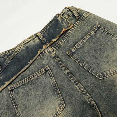 Distressed Wide Leg Denim Pants Asymmetrical Layered Waist