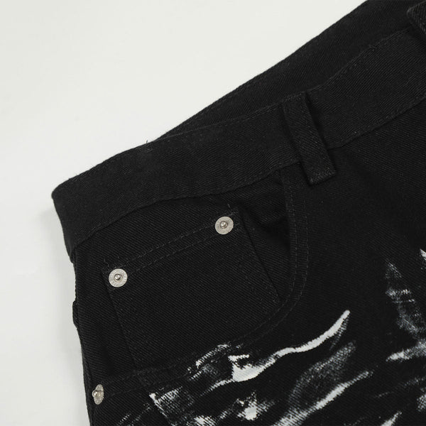 Painted Distress Black Wide Leg Star Patch Jeans