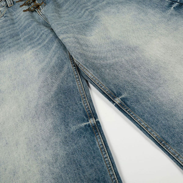 Distressed Wide Leg Gold Closure Denim