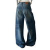 Faded Crackle Wash Baggy Curved Leg Denim Jeans
