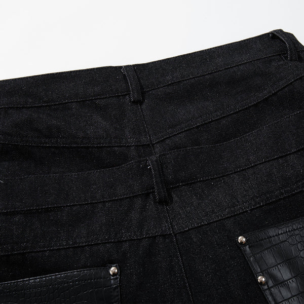Faux Leather Accent High Waisted Wide Leg Denim Trousers