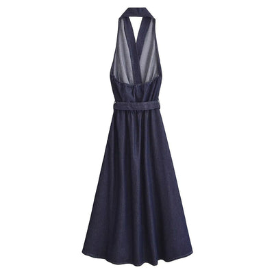 Halter Neck Denim Belted Dress