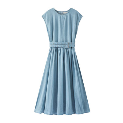 Denim Sleeveless Belted Midi Dress