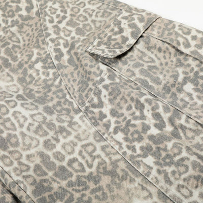 Leopard Print Cargo Wide-Leg Denim Pants