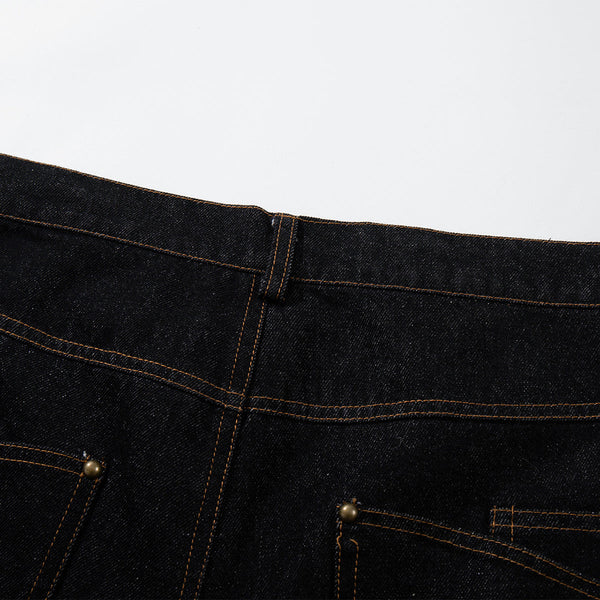 Wide Leg High Waisted Dark Denim Jeans Button Detail