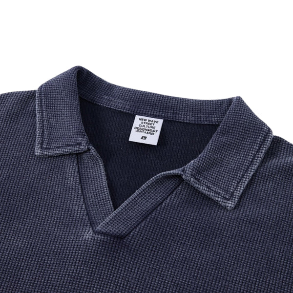 Retro Distressed Waffle Vintage Wash Polo T-Shirt