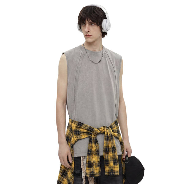 Distressed Raw Hem Patchwork Acid Wash Sleeveless Tank Tee