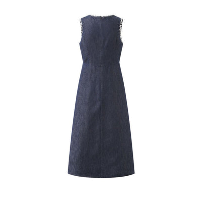 Sleeveless Embroidered Trim Denim Midi Dress