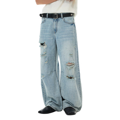 Wash Destroyed Pleated Baggy Jeans